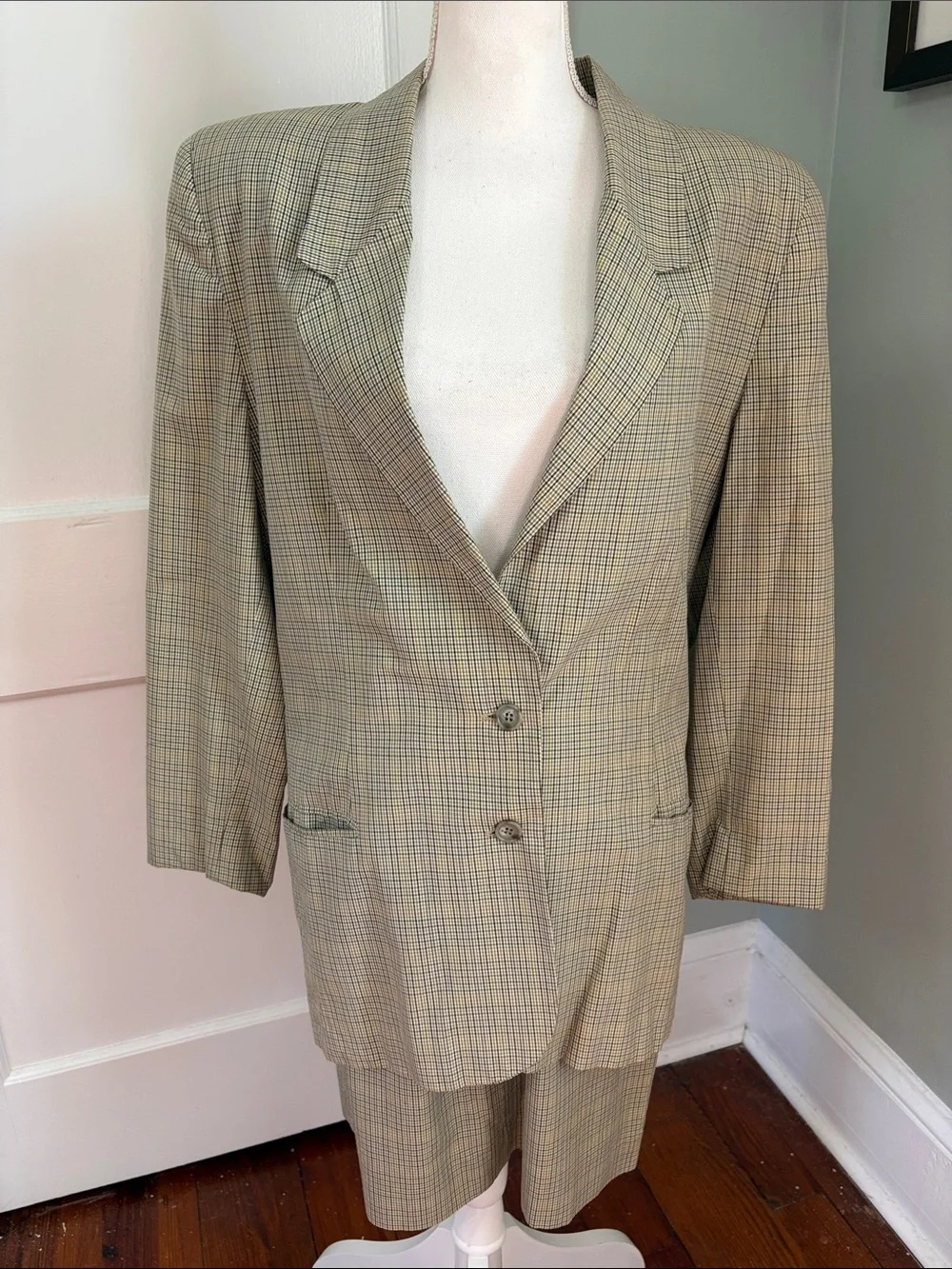 Vintage 1990s Ann Taylor Plaid Skirt Suit Set Yellow Blue Size 8 / 10 Cotton